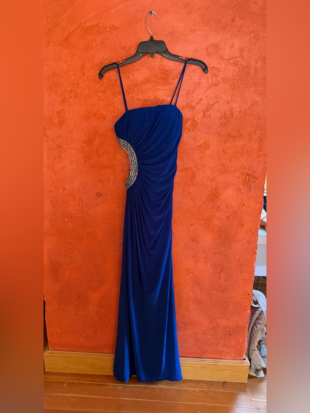 Cache Y2K Blue Cutout Embellished Long Evening Dress Ruched Side Slit Size 2